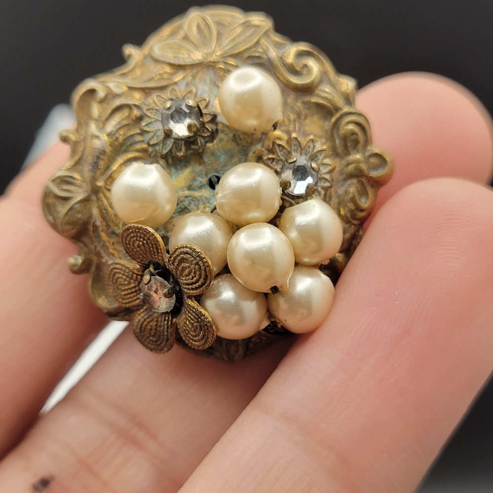 Vintage Art Nouveau Brass Faux Cluster Pearl Sterling Clip-On Earrings *AS-IS* - Picture 4 of 15
